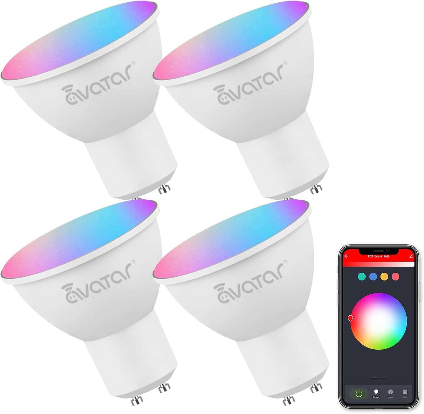 4 Pack Avatar Controls GU10 Smart Bulbs - Color Changing LED Lights for Kitchen, Bedroom - Dimmable, Music Sync, WiFi Compatible with Alexa and Assistant
