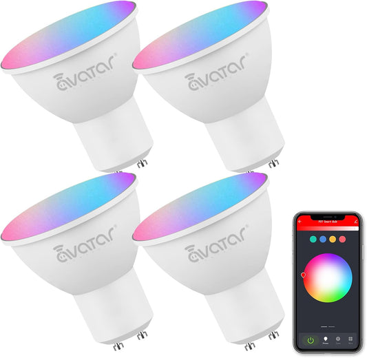 4 Pack Avatar Controls GU10 Smart Bulbs - Color Changing LED Lights for Kitchen, Bedroom - Dimmable, Music Sync, WiFi Compatible with Alexa and Assistant