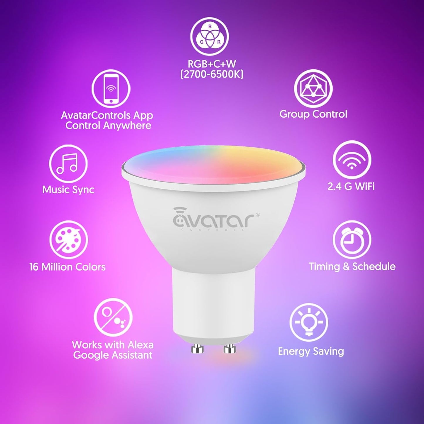 4 Pack Avatar Controls GU10 Smart Bulbs - Color Changing LED Lights for Kitchen, Bedroom - Dimmable, Music Sync, WiFi Compatible with Alexa and Assistant