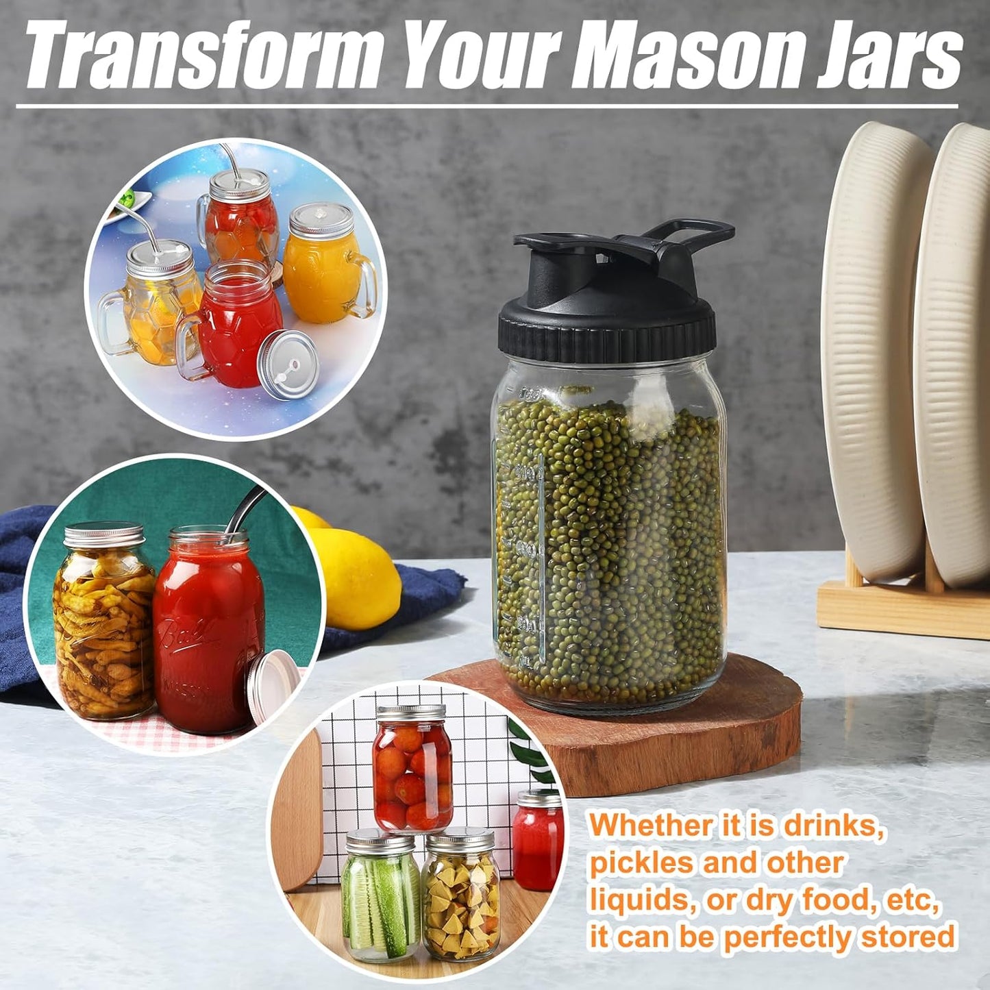 4 Pack Balter-D Wide Mouth Mason Jar Pour Spout Lids - Leak-proof Ball Canning and Flip Cap Lids for Mess-free Pouring and Storing