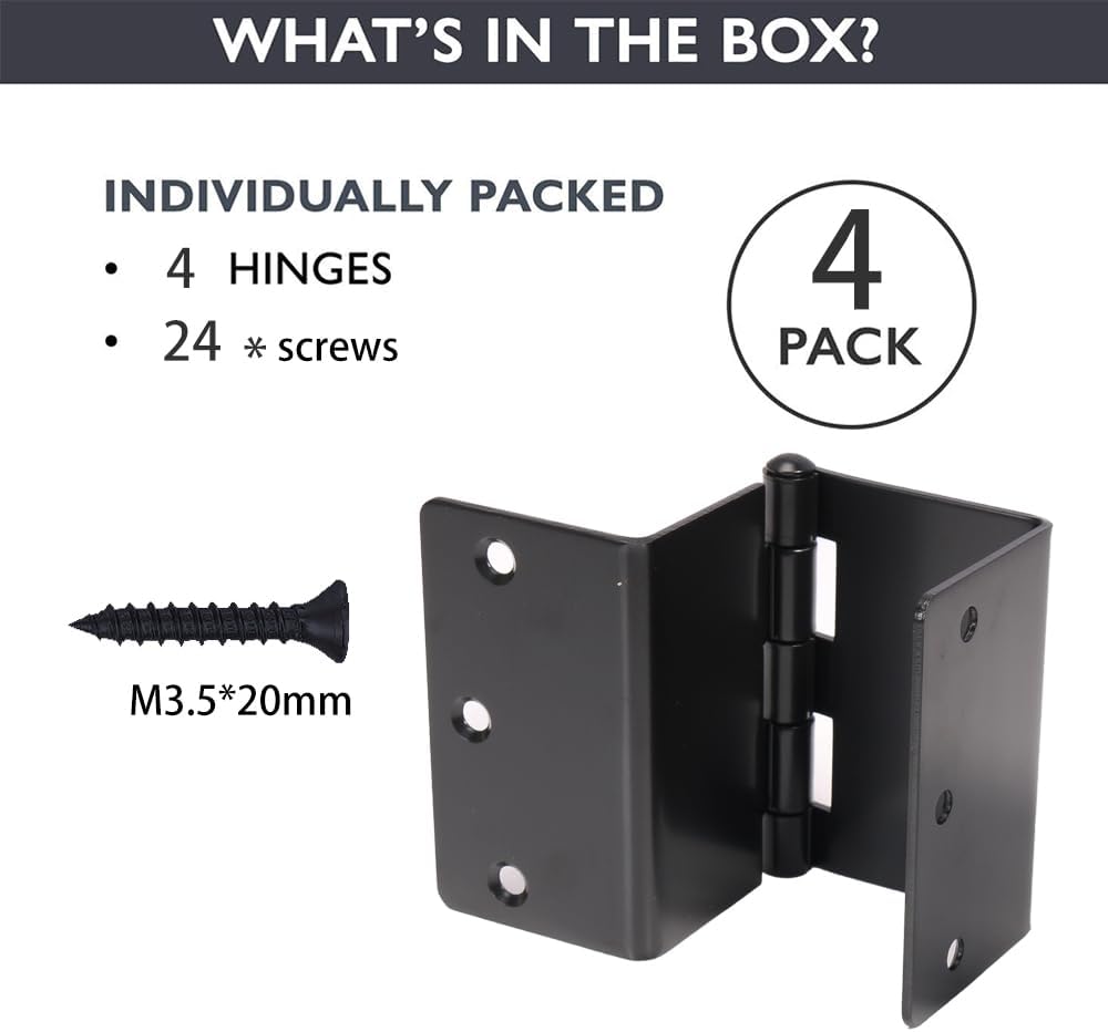 4-Pack BENERAY Heavy Duty Expandable Door Hinges - 3.5" Offset, SPCC Black Matte Finish, 1/4" Radius Corner - Interior Swing Out Hinge with Holes & Screws