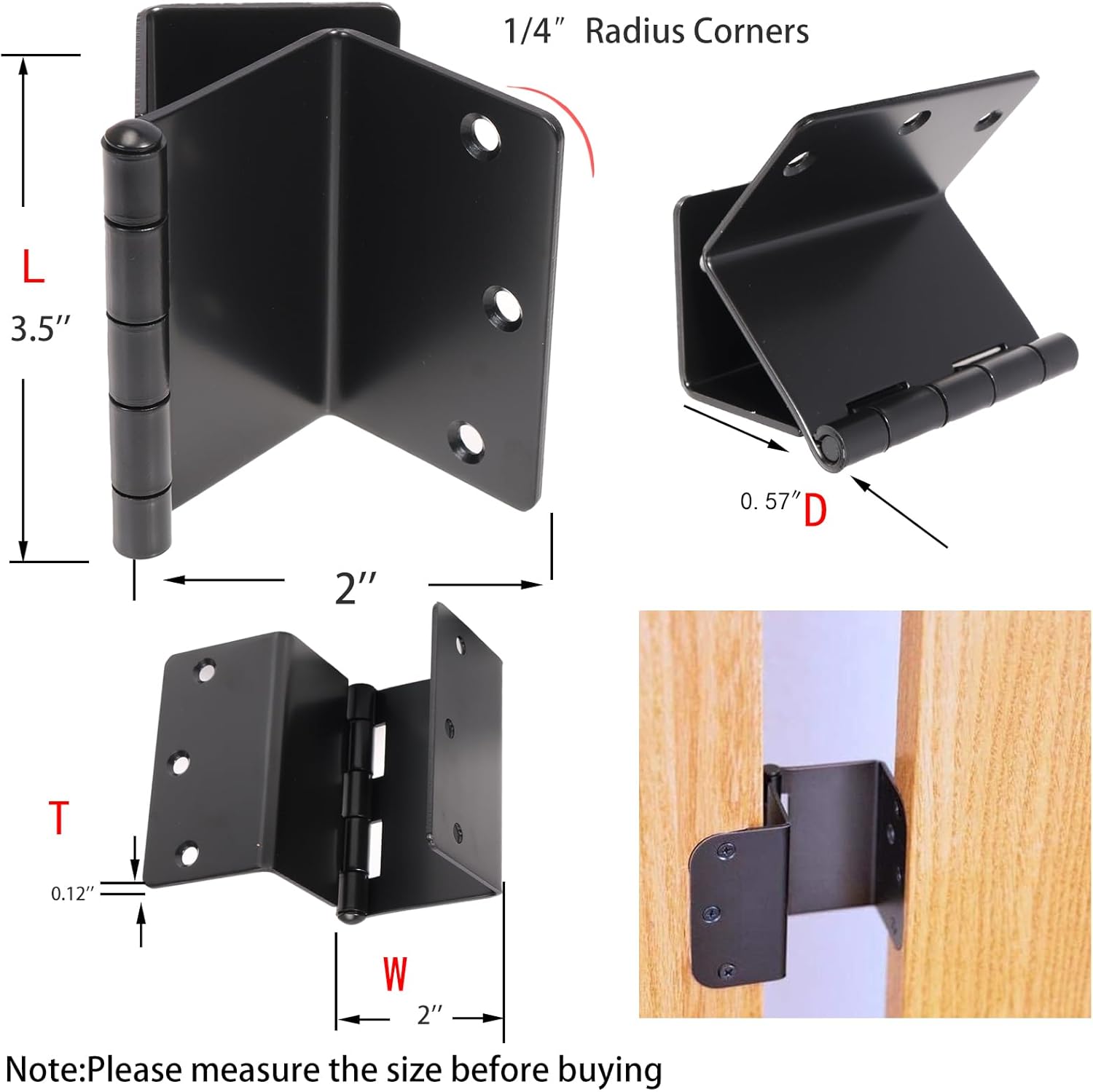 4-Pack BENERAY Heavy Duty Expandable Door Hinges - 3.5" Offset, SPCC Black Matte Finish, 1/4" Radius Corner - Interior Swing Out Hinge with Holes & Screws