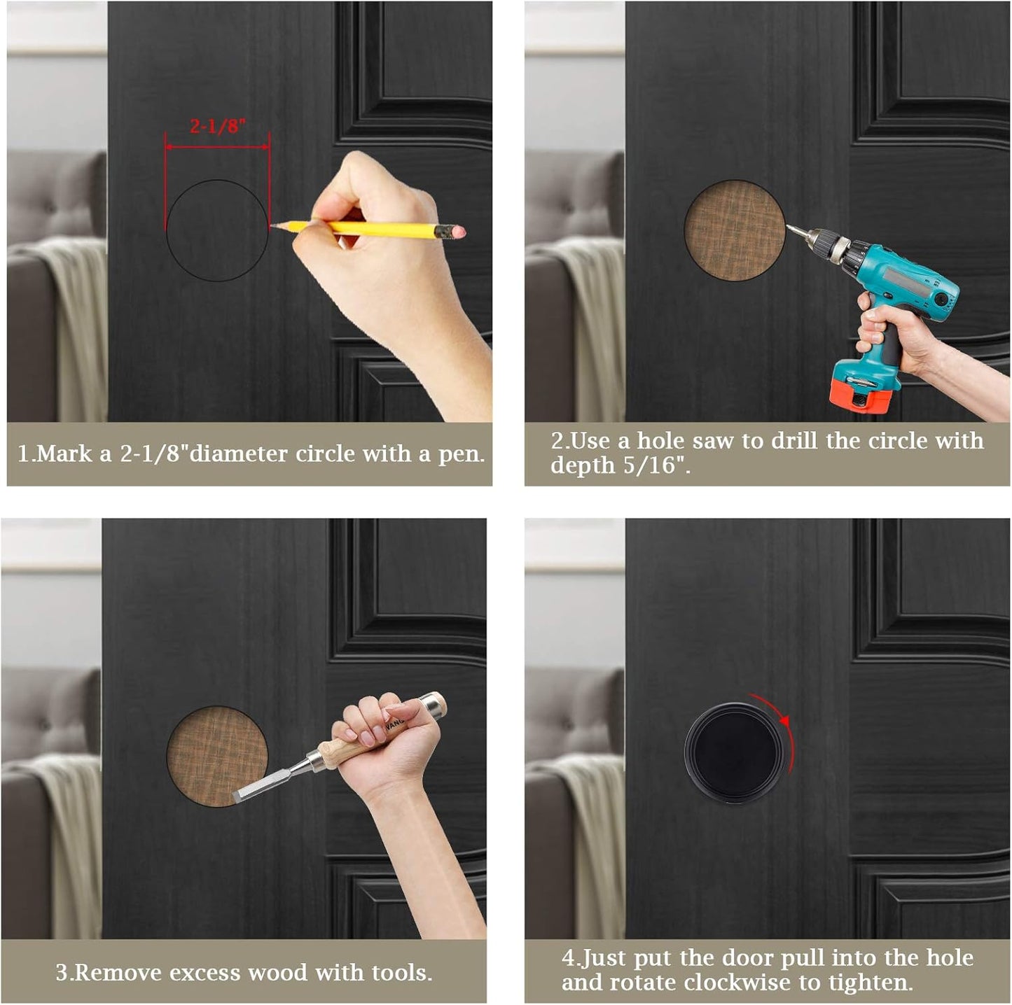 4 Pack Black Closet Door Finger Pulls 2-1/8” - Round Insert Bypass Handle - Easy Snap-in Installation