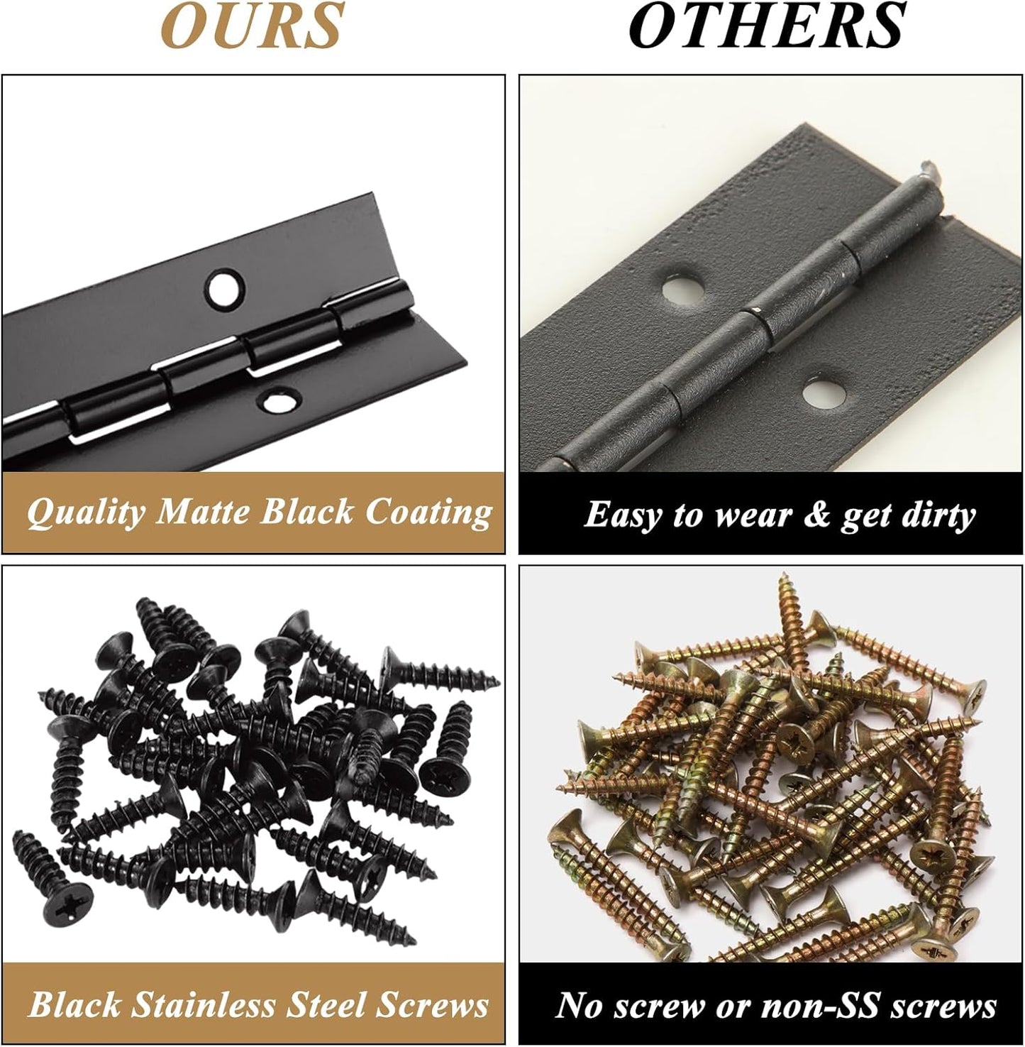 4 Pack Black Piano Hinge Heavy Duty 16 Inch Stainless Steel Continuous Hinge with Screws - Ideal for Boat, Cabinet, Door, Box, Furniture