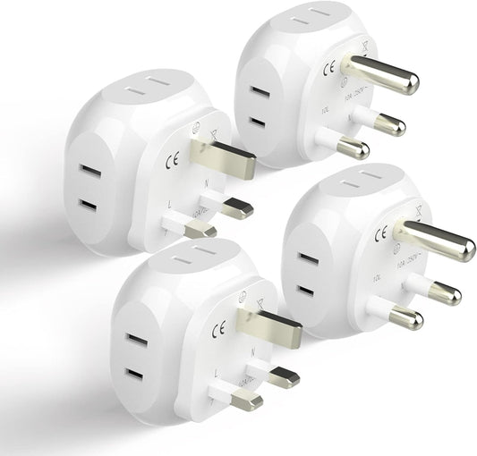 4-Pack Ceptics Type M and Type G Travel Plug Adapter Set for USA to South Africa, Botswana, Namibia - Ultra Compact and Light Weight - 4 Input - White Color