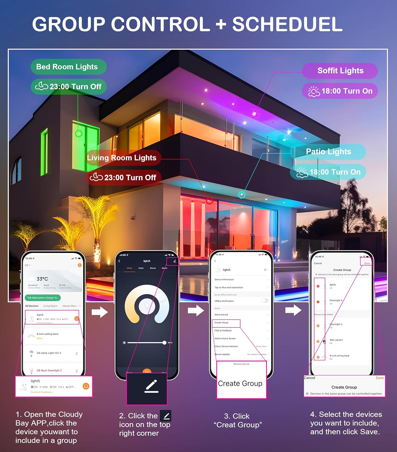 4 Pack Cloudy Bay 6" Smart WiFi LED Recessed Lights, RGBCW Color Changing, Alexa & Home Assistant Compatible, No Hub, 15W 2700K-6500K, CRI90+, Wet Location