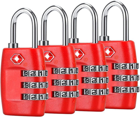 4-Pack Cluckyu TSA Approved Luggage Locks with 3-Digit Combination - Red Padlocks for Suitcases & Baggage - WildKart