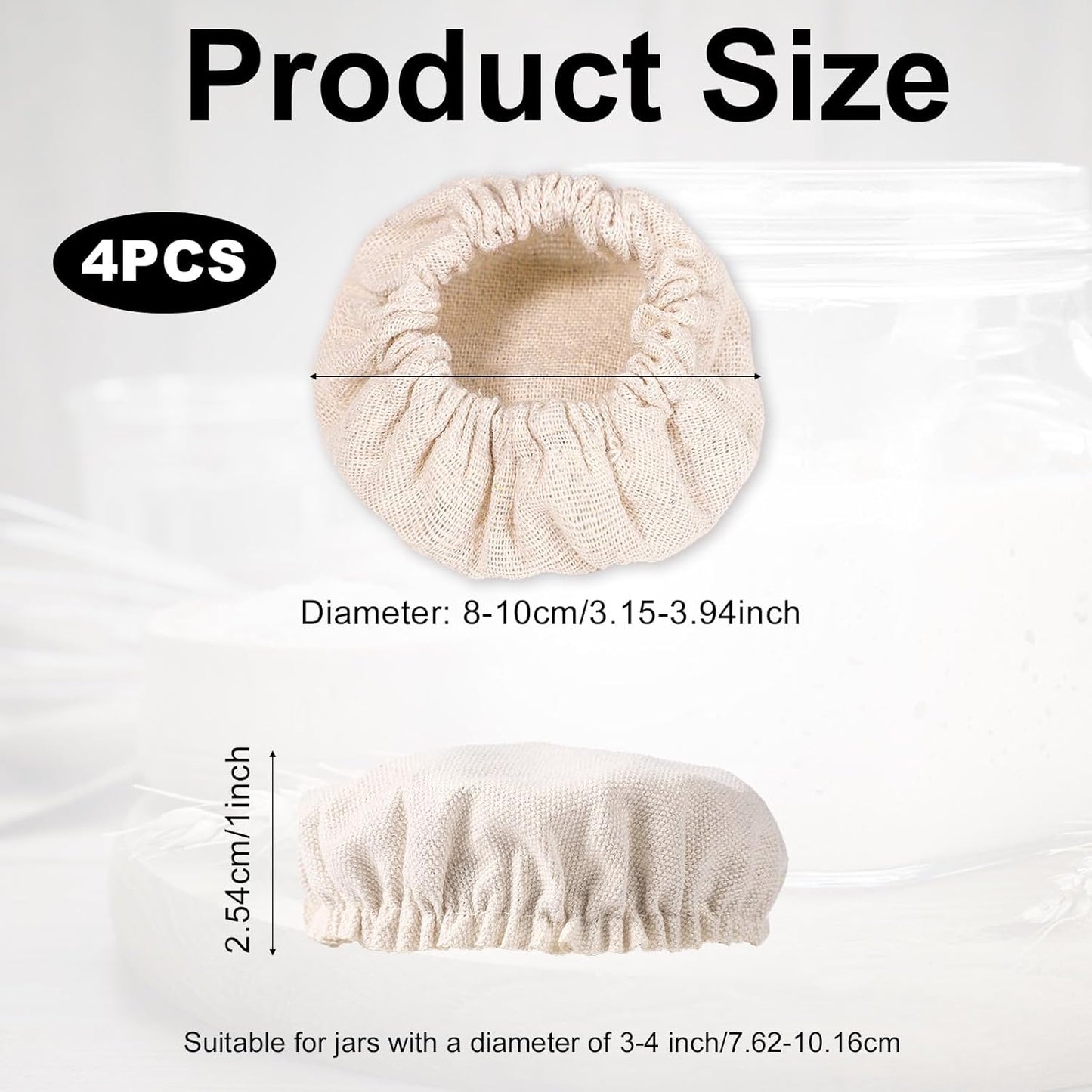 4-Pack Cotton Elastic Cloth Covers for Sourdough Starter Jars - Reusable Bread Fermentation Bowl Covers for 3-4 Inch Mouth Jars