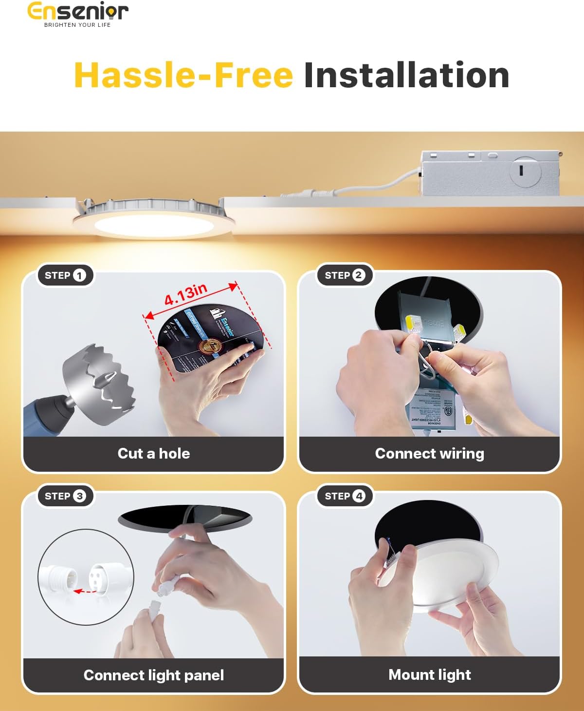 4-Pack Ensenior 4 Inch LED Recessed Lights - Dimmable, 2700K-5000K, 750LM, 9W, Ultra-Thin Wafer Ceiling Light - ETL & FCC & IC Listed