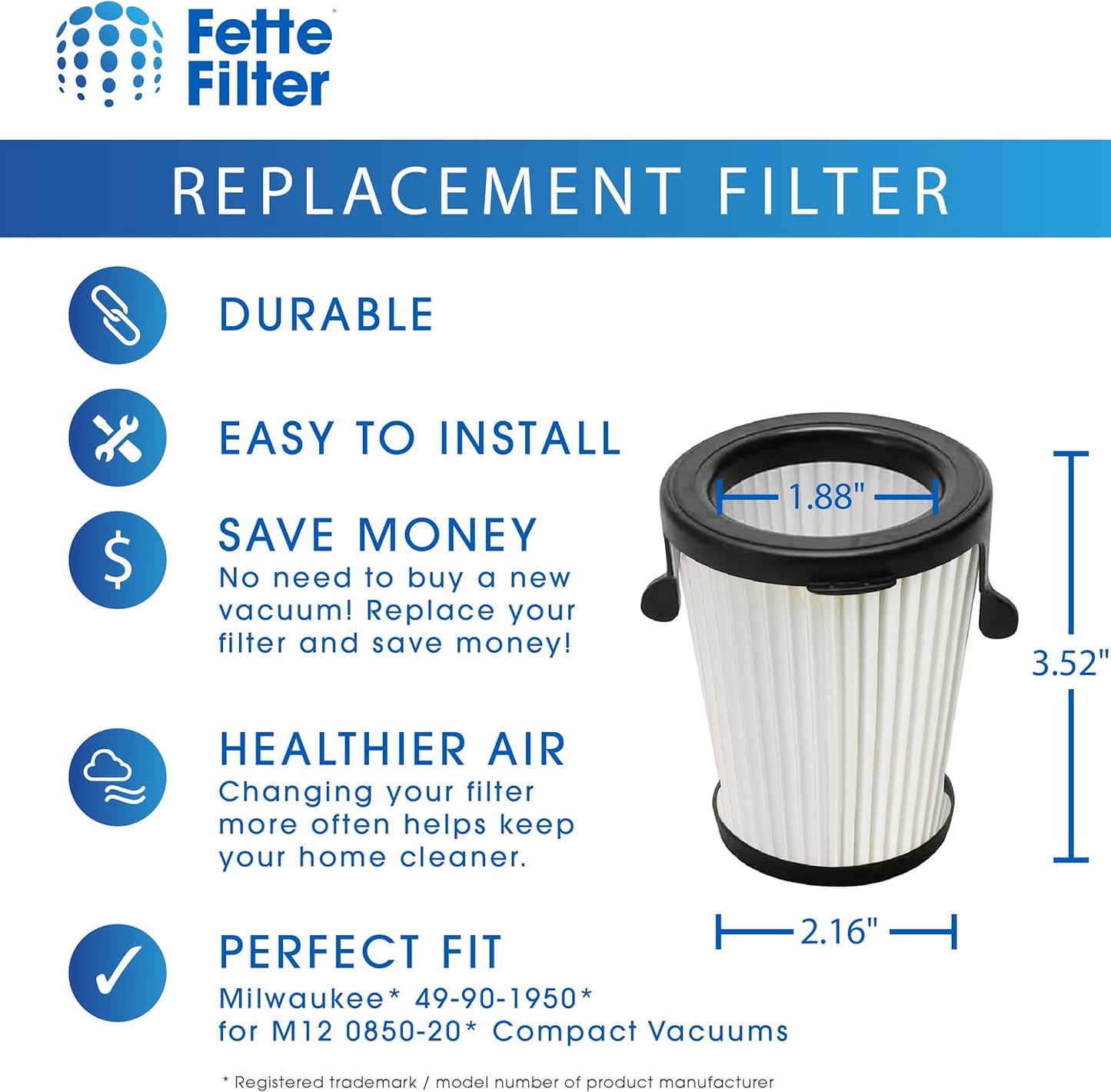 4 Pack Fette Filter HEPA Filter Replacement Compatible with Milwaukee M12 0850-20 Compact VAC - 49-90-1950