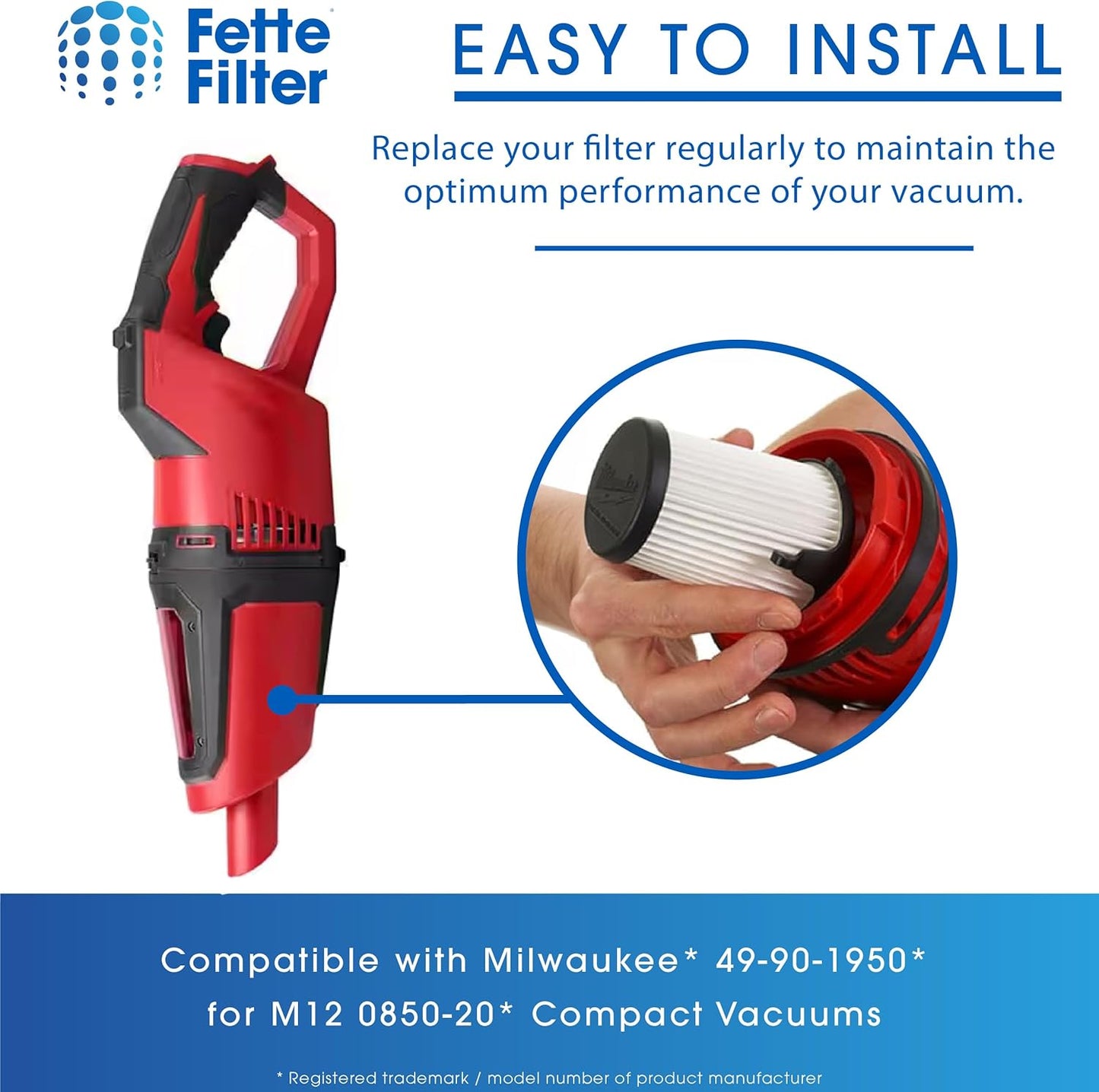 4 Pack Fette Filter HEPA Filter Replacement Compatible with Milwaukee M12 0850-20 Compact VAC - 49-90-1950