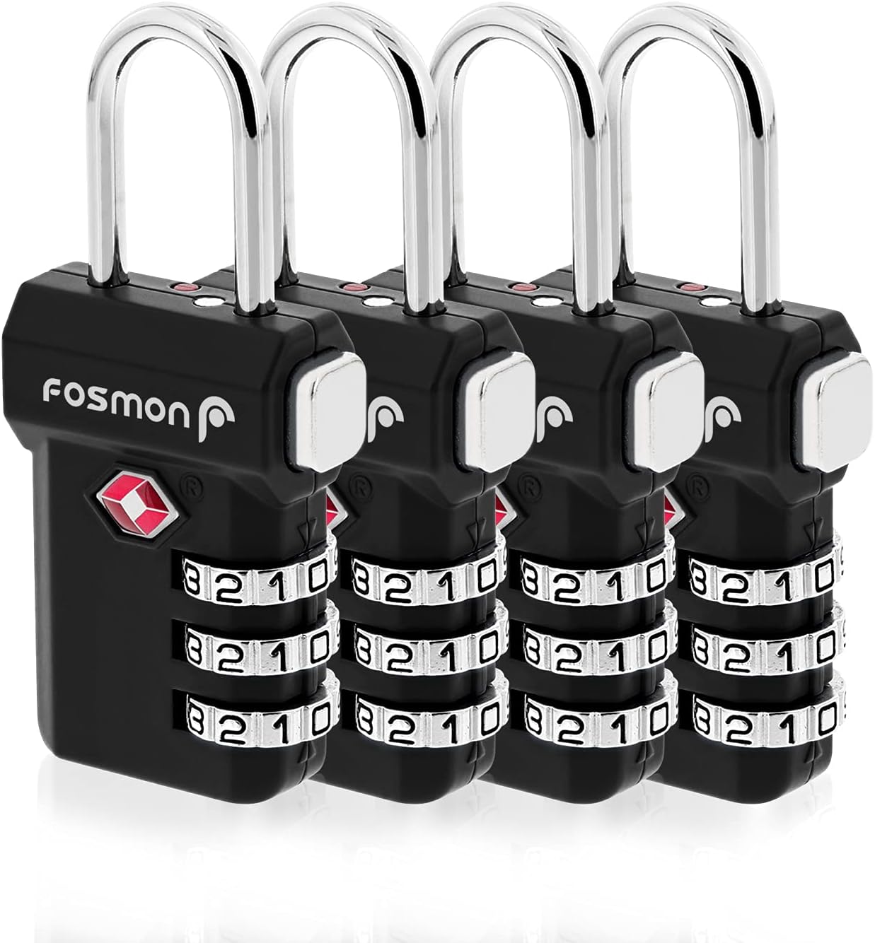 4 Pack Fosmon TSA Approved Luggage Locks with Open Alert Indicator - 3 Digit Combination Padlocks for Travel Bag, Suitcase, and Luggage - Black - WildKart