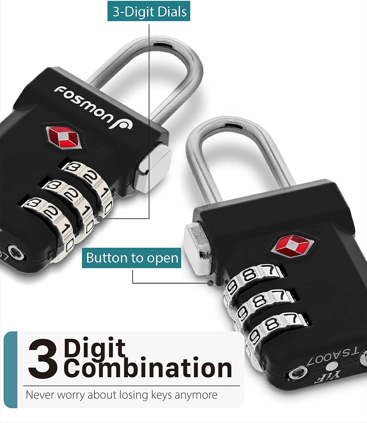 4 Pack Fosmon TSA Approved Luggage Locks with Open Alert Indicator - 3 Digit Combination Padlocks for Travel Bag, Suitcase, and Luggage - Black - WildKart