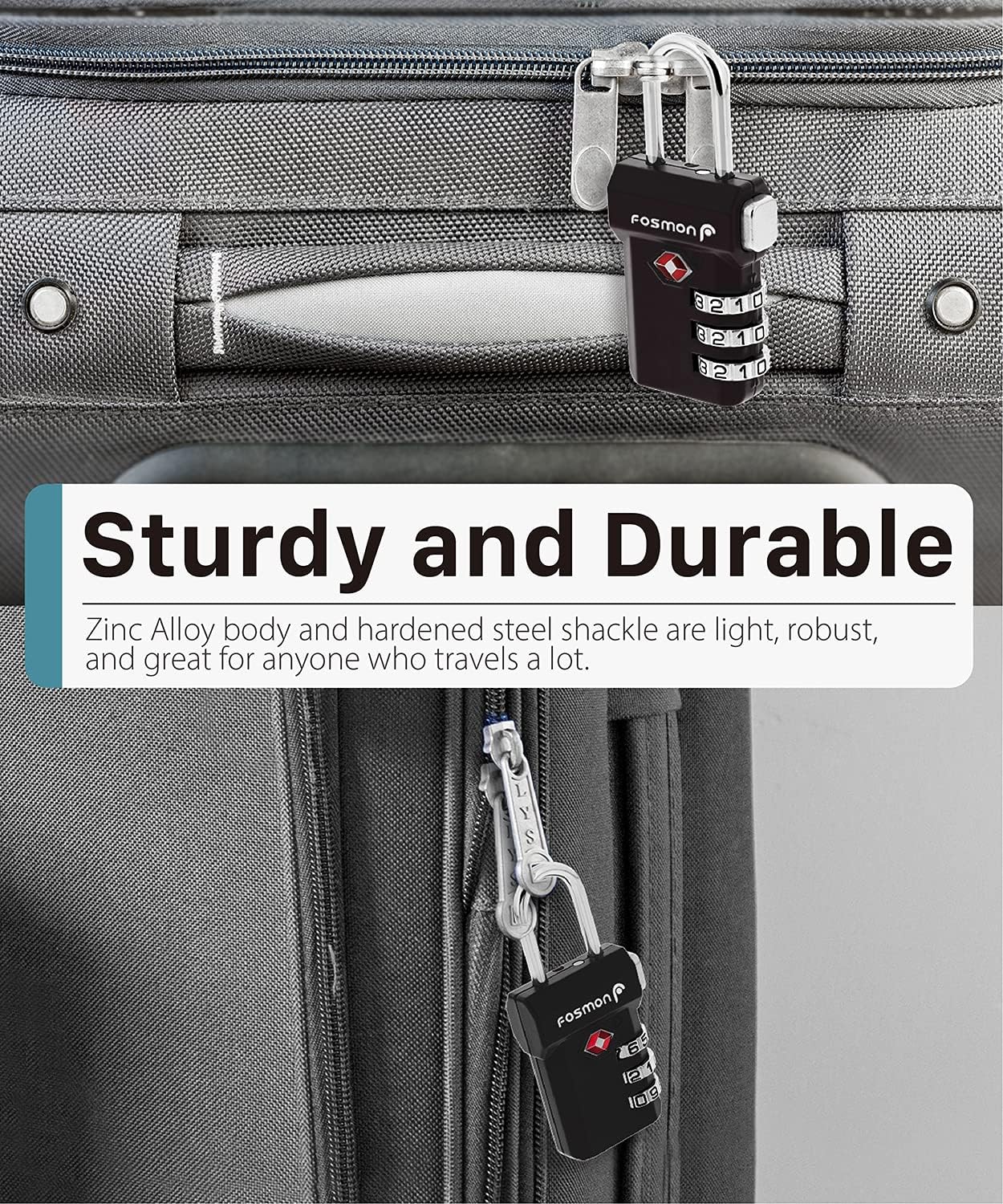 4 Pack Fosmon TSA Approved Luggage Locks with Open Alert Indicator - 3 Digit Combination Padlocks for Travel Bag, Suitcase, and Luggage - Black - WildKart