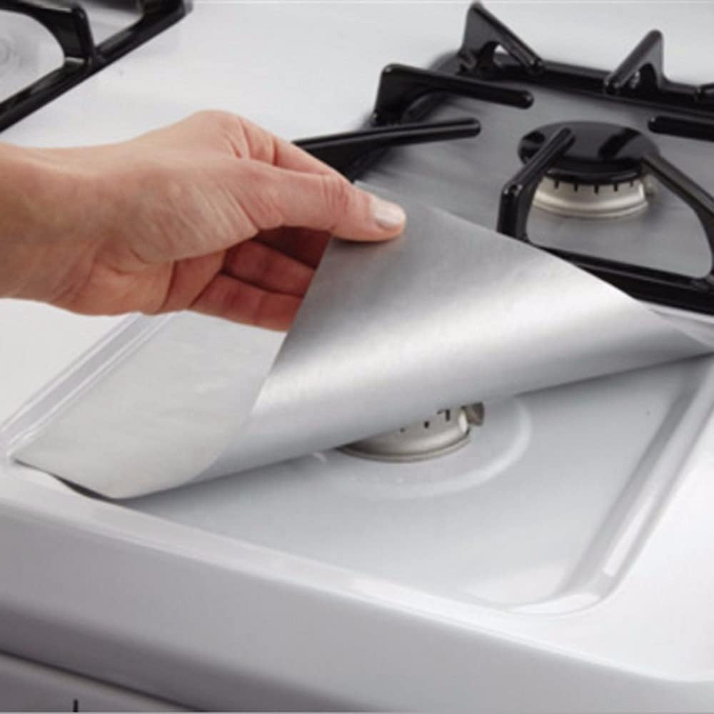 4 Pack Gas Range Stove Top Burner Protectors - 0.2mm Thickness Non-Stick Cover - Reusable & Dishwasher Safe - 10.6" x 10.6" - Silver