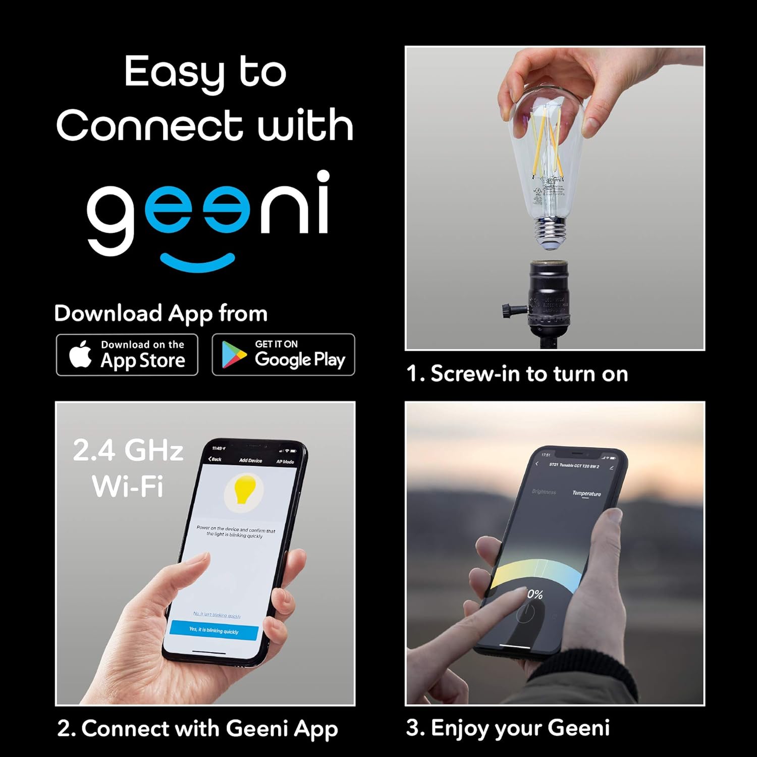 4-Pack Geeni Smart Light Bulbs - WiFi Enabled, Tunable White LED Bulbs, Compatible with Alexa and Google Home for App-Controlled Dimming and Programming