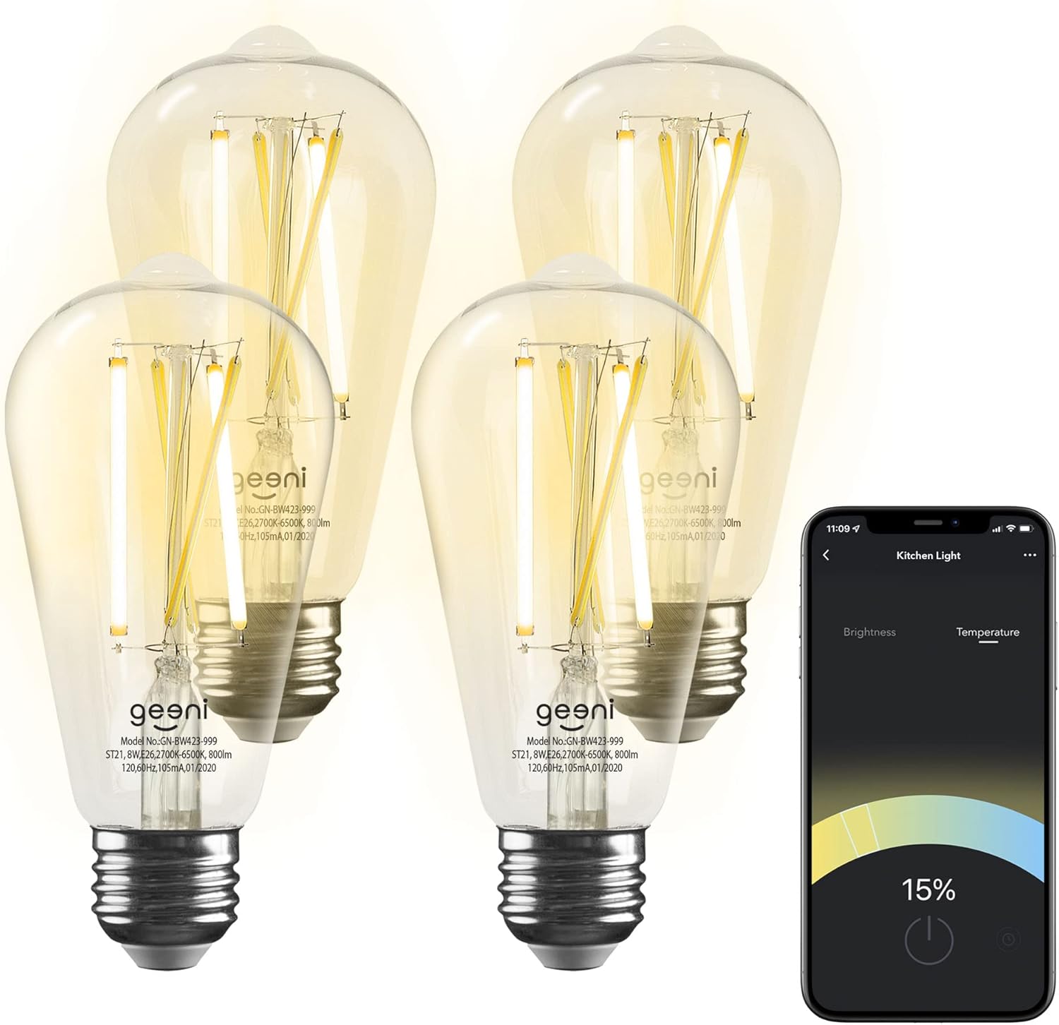 4-Pack Geeni Smart Light Bulbs - WiFi Enabled, Tunable White LED Bulbs, Compatible with Alexa and Google Home for App-Controlled Dimming and Programming