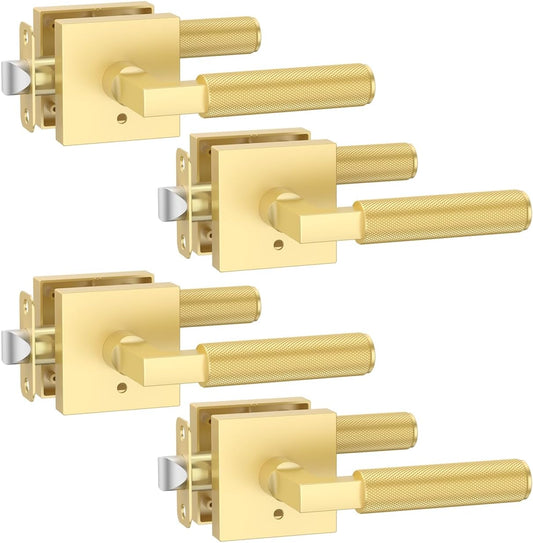 4 Pack Gold Privacy Door Handles - Heavy Duty Interior Door Lever with Locks for Bedroom or Bathroom - Suitable for Both Left and Right Sided Doors