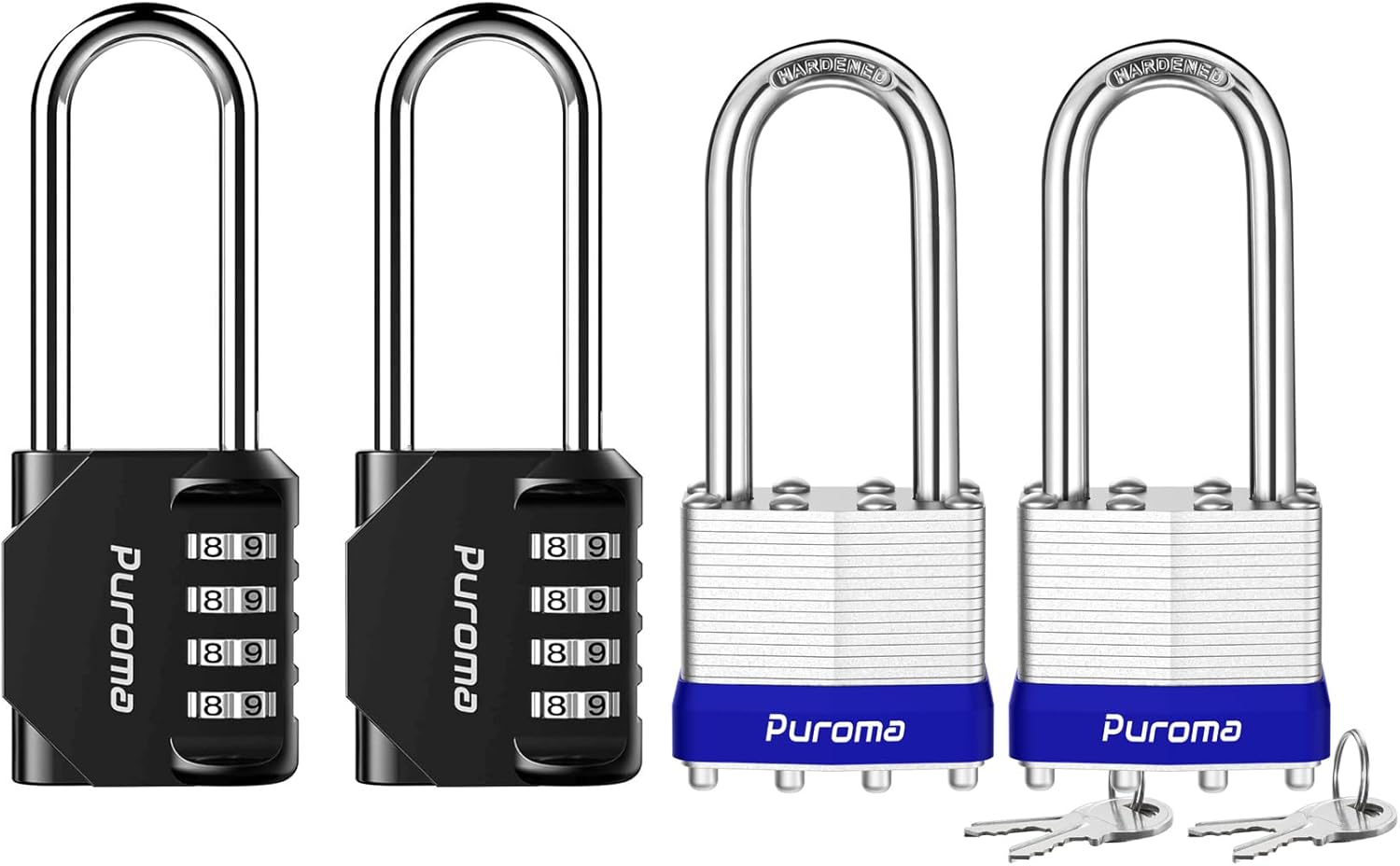4-Pack Heavy-Duty Combination and Keyed Padlocks for Toolbox, Gate, Locker - 2.6" and 2" Shackle Lengths, 4 Keys Alike - Indoor/Outdoor Security