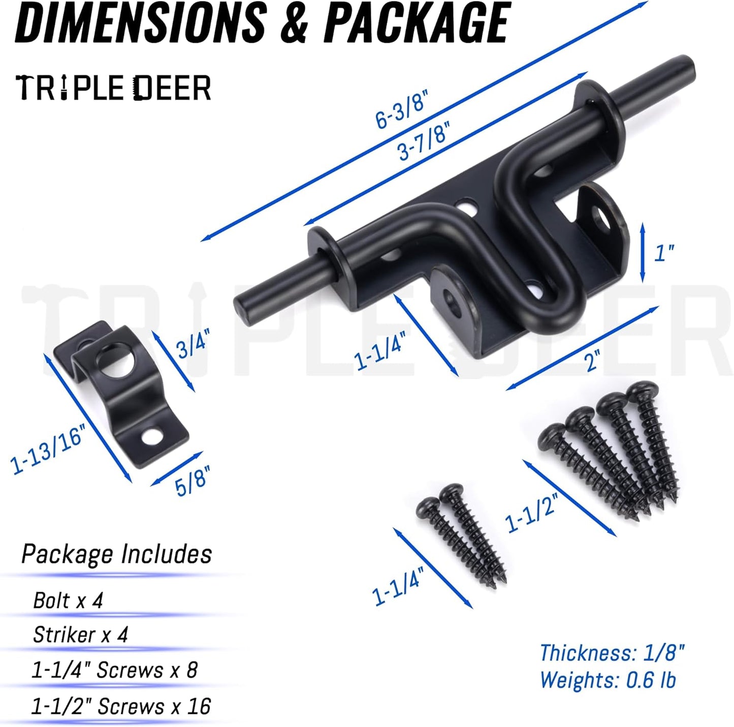 4 Pack Heavy Duty Slide Bolt Gate Latch with Padlock Hole for Wooden Fence, Yard, Shed, Barn - Black