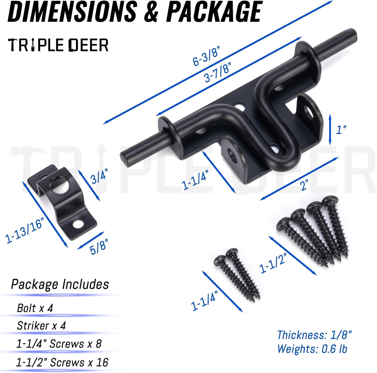 4 Pack Heavy Duty Slide Bolt Gate Latch with Padlock Hole for Wooden Fence, Yard, Shed, Barn - Black