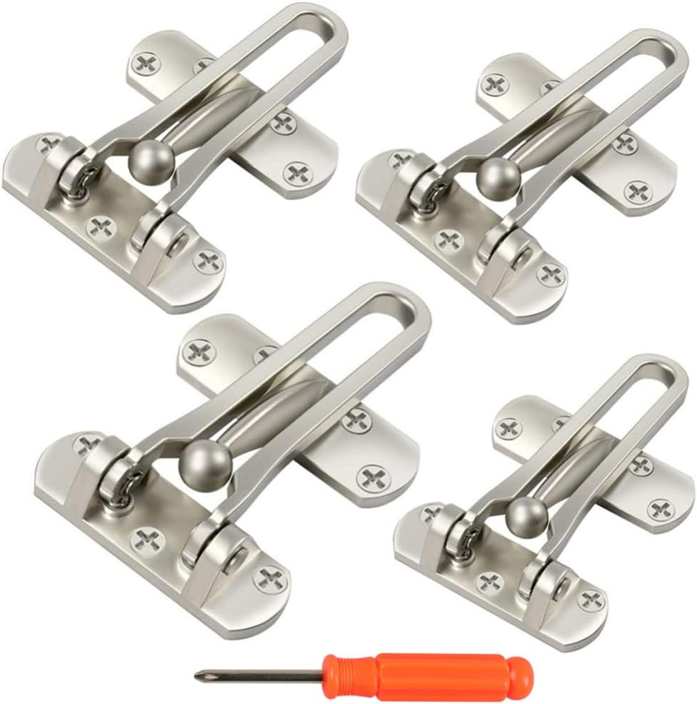 4 Pack Home Security Door Locks Swing Bar Reinforcement Lock for Front Doors, Kids Safety Latch Guard Clasp, Solid Silver Lock.