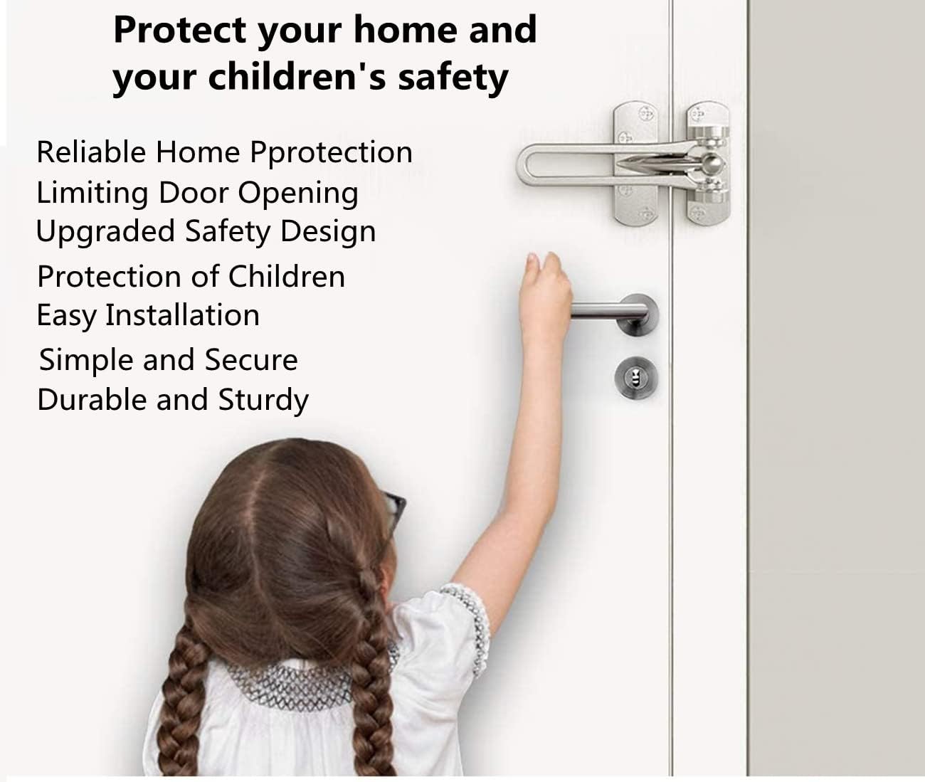 4 Pack Home Security Door Locks Swing Bar Reinforcement Lock for Front Doors, Kids Safety Latch Guard Clasp, Solid Silver Lock.