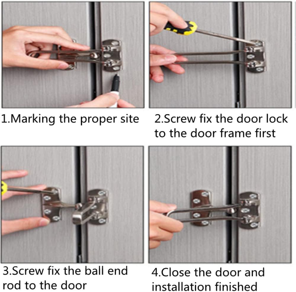 4 Pack Home Security Door Locks Swing Bar Reinforcement Lock for Front Doors, Kids Safety Latch Guard Clasp, Solid Silver Lock.