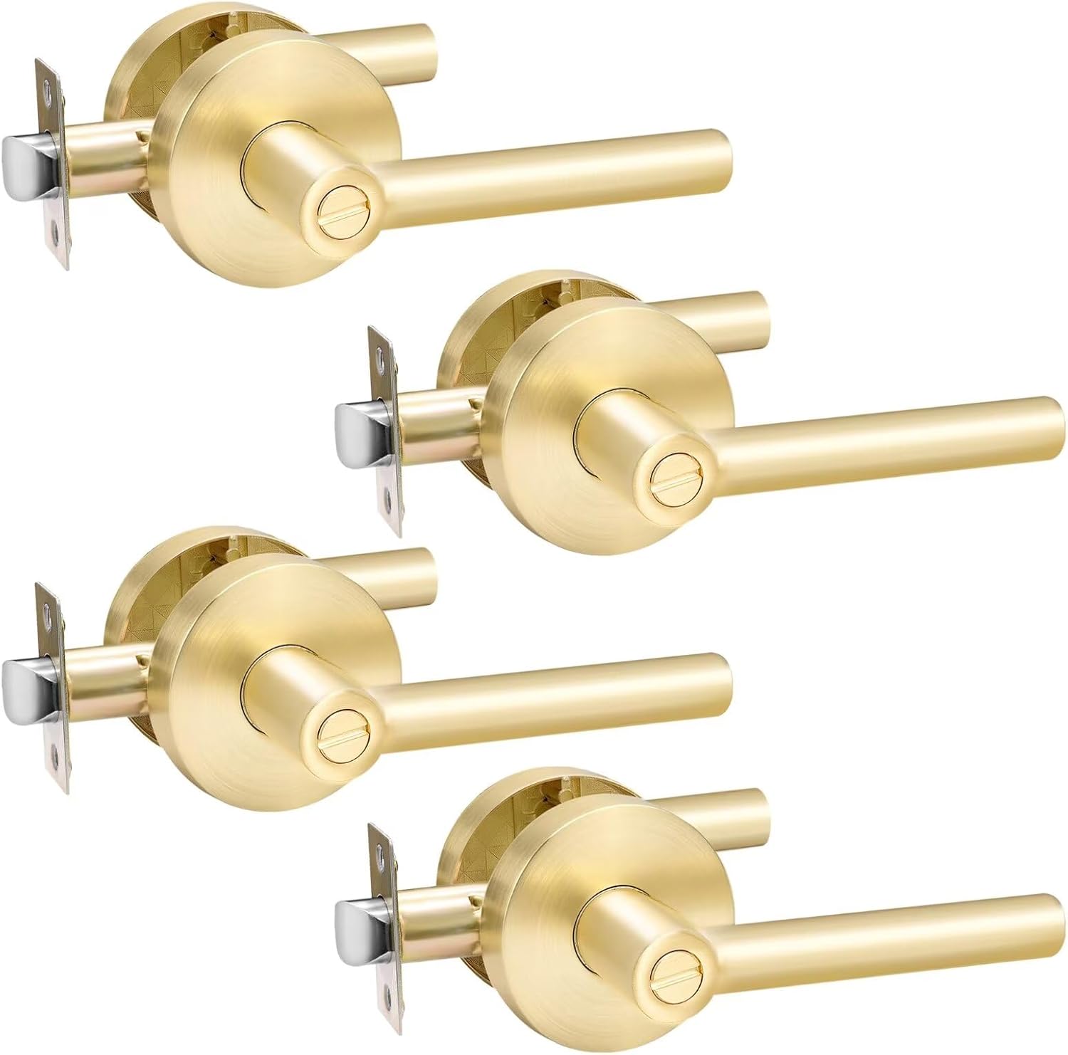 4 Pack Karlstone Privacy Interior Door Handles - Heavy Duty Keyless Door Levers in Satin Brass Finish for Bedroom/Bathroom