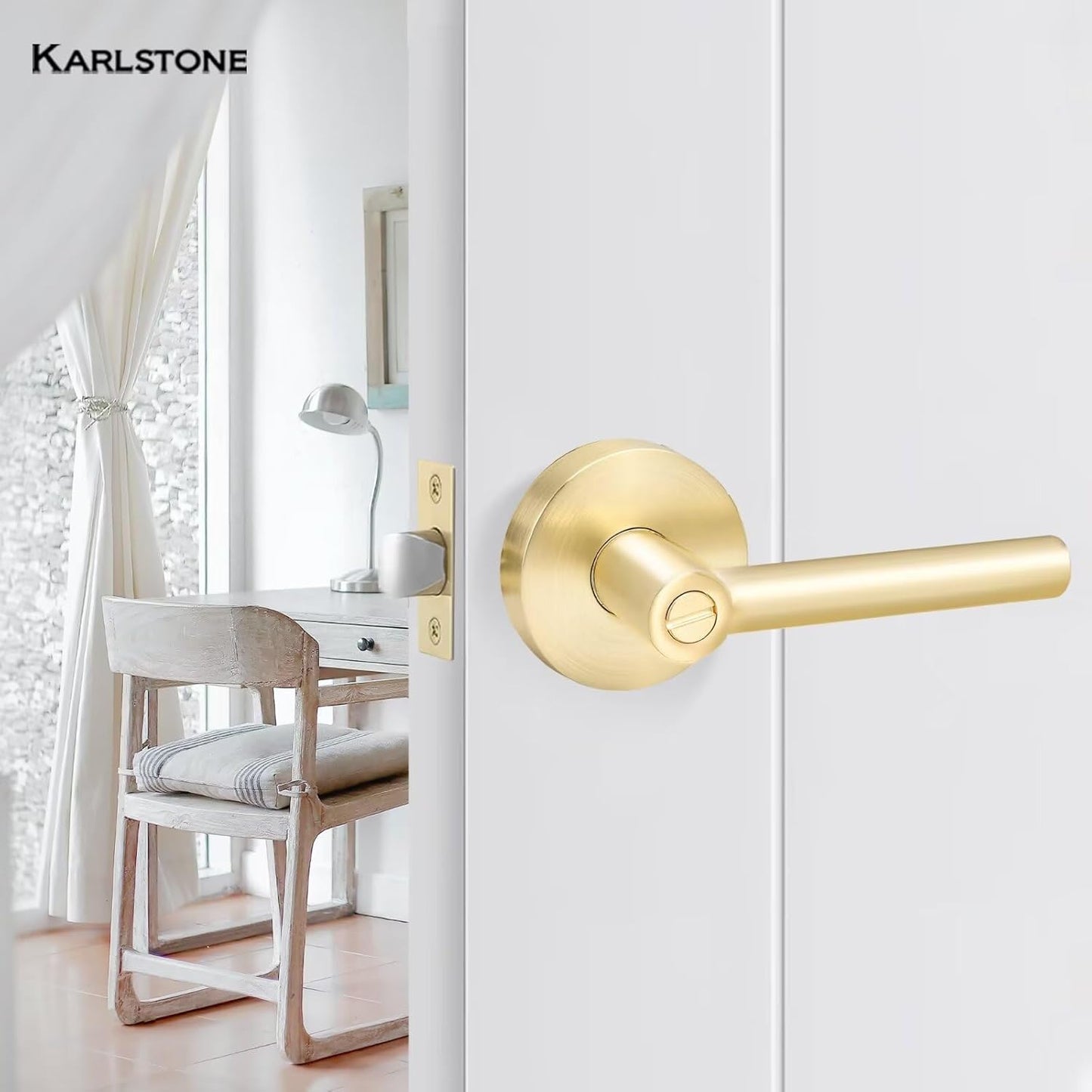 4 Pack Karlstone Privacy Interior Door Handles - Heavy Duty Keyless Door Levers in Satin Brass Finish for Bedroom/Bathroom
