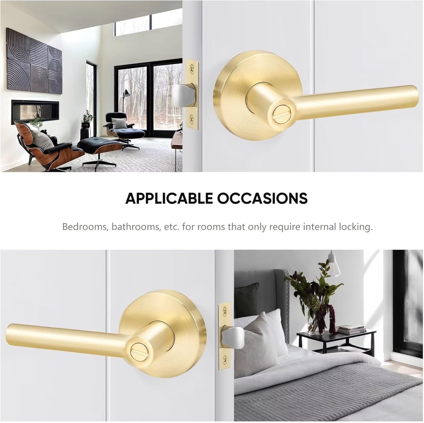 4 Pack Karlstone Privacy Interior Door Handles - Heavy Duty Keyless Door Levers in Satin Brass Finish for Bedroom/Bathroom