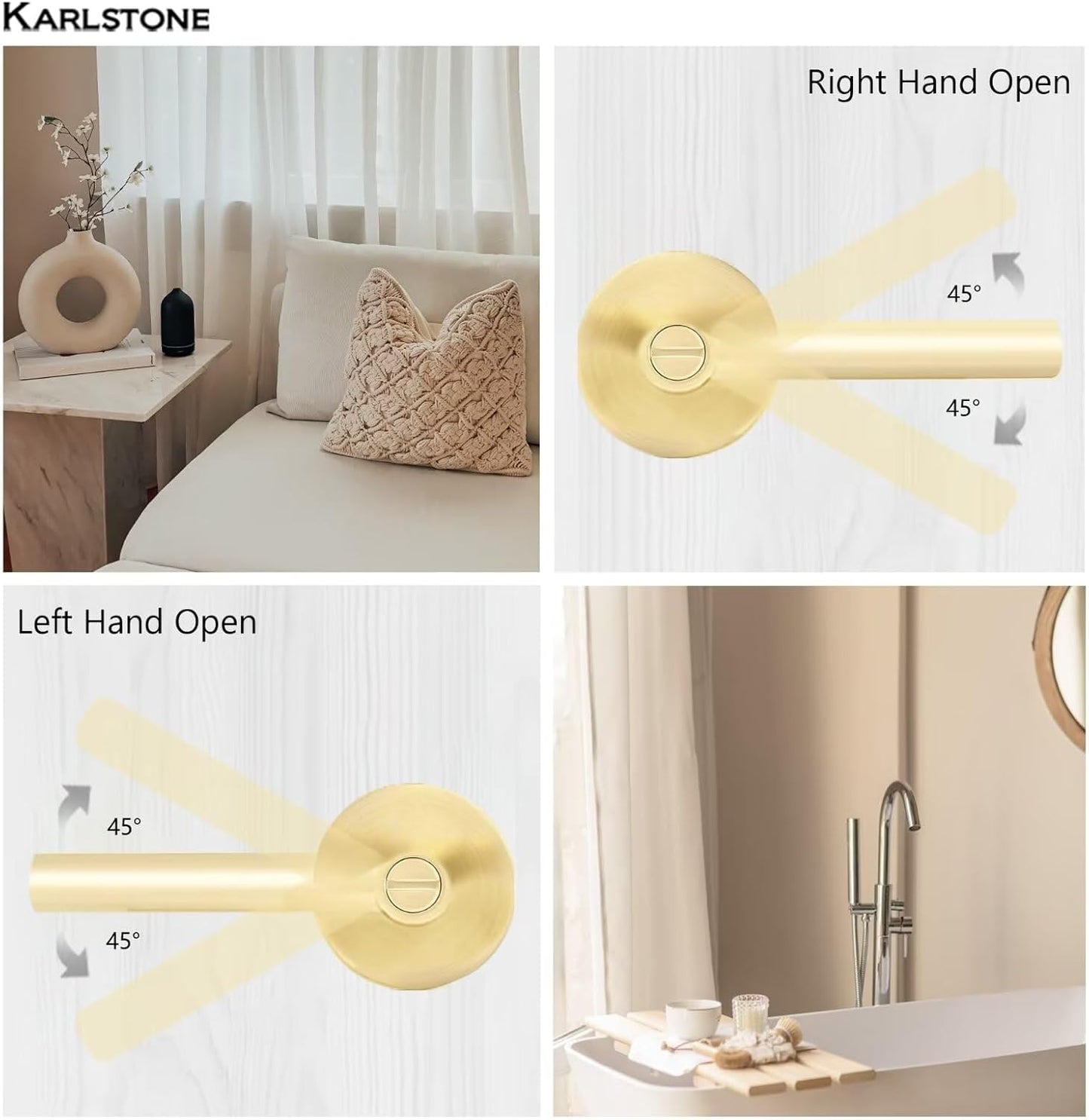 4 Pack Karlstone Privacy Interior Door Handles - Heavy Duty Keyless Door Levers in Satin Brass Finish for Bedroom/Bathroom