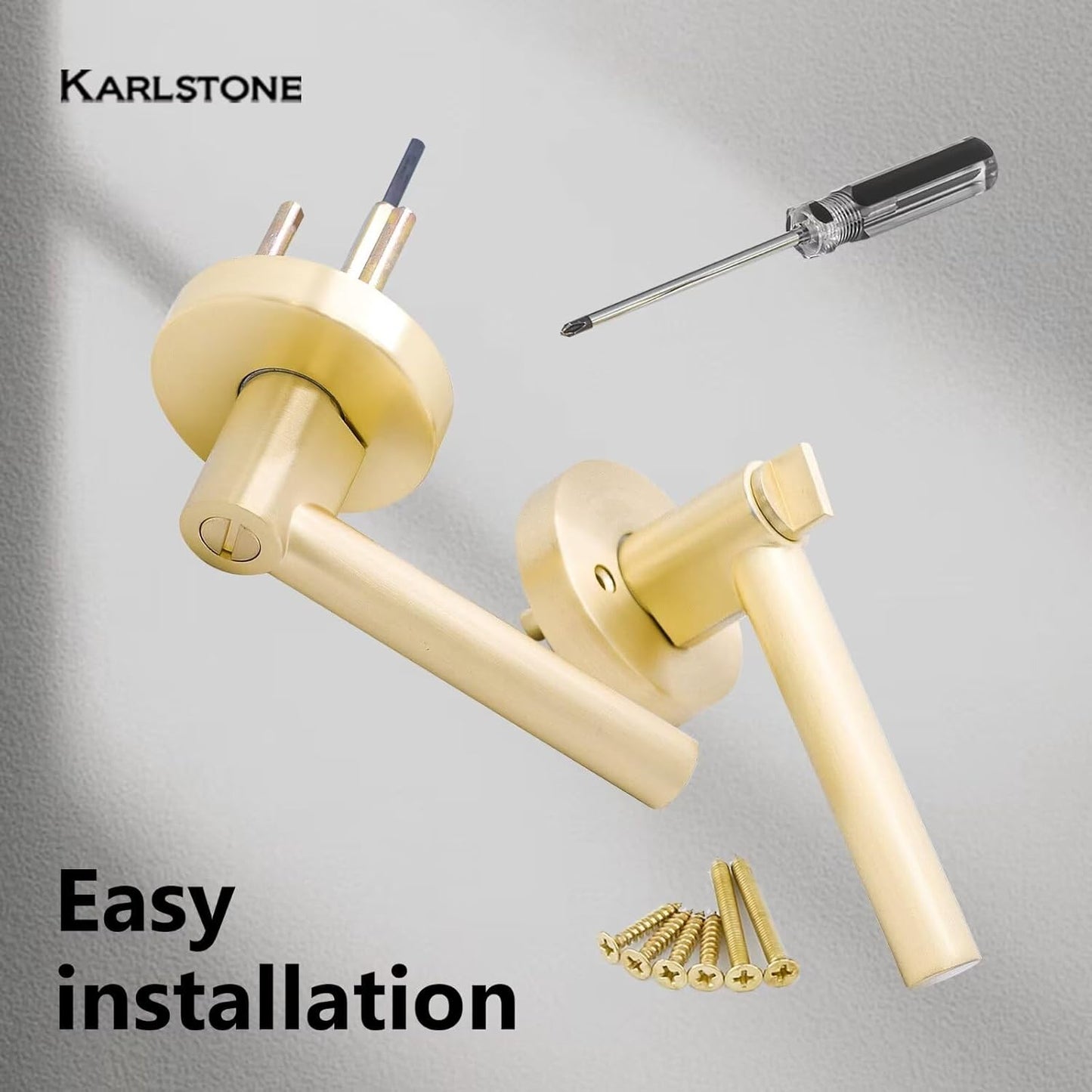 4 Pack Karlstone Privacy Interior Door Handles - Heavy Duty Keyless Door Levers in Satin Brass Finish for Bedroom/Bathroom