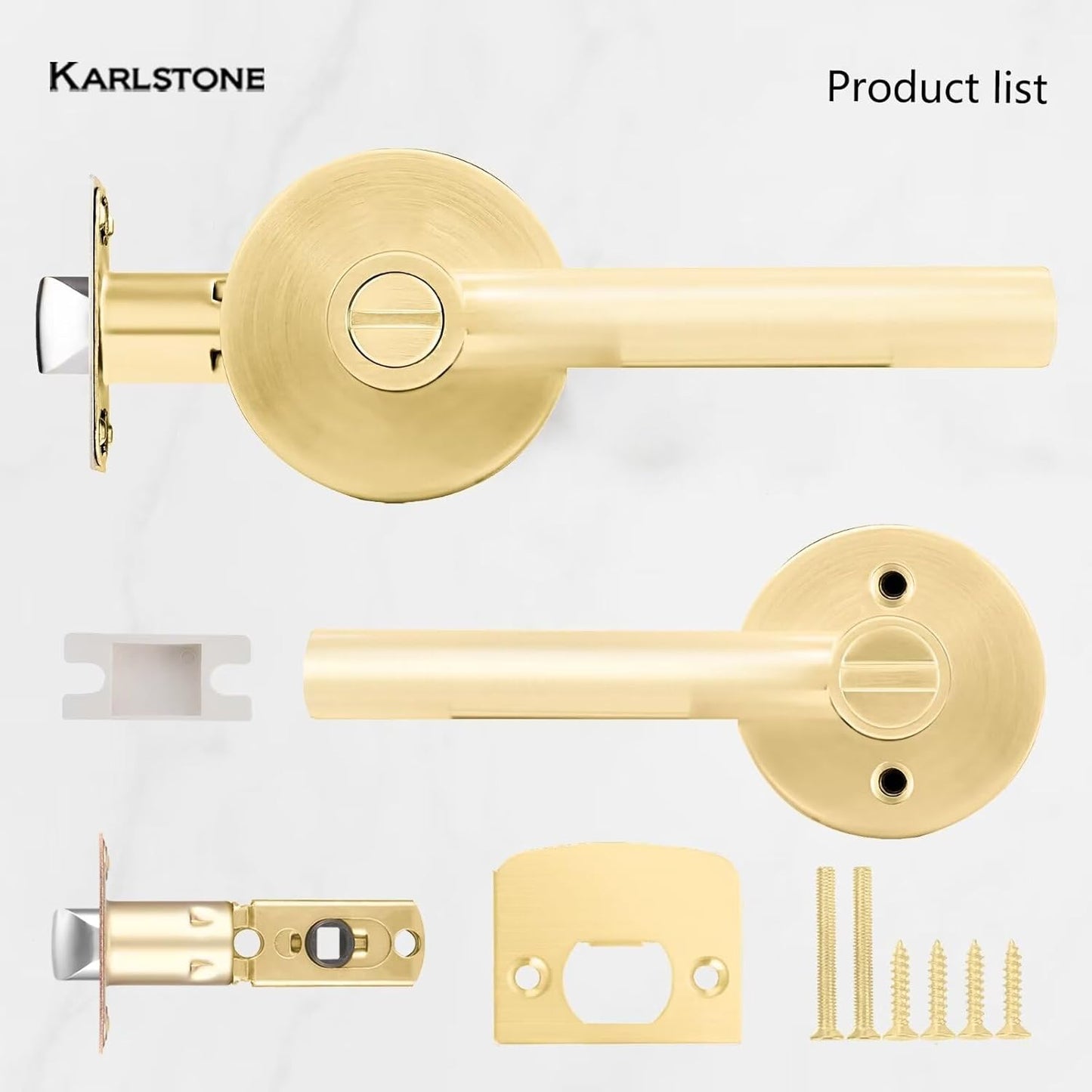 4 Pack Karlstone Privacy Interior Door Handles - Heavy Duty Keyless Door Levers in Satin Brass Finish for Bedroom/Bathroom