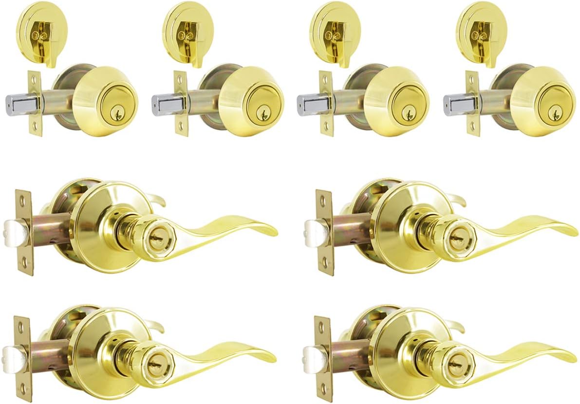 4 Pack Keyed Alike Entry Door Lock Set with Polished Brass Wave Lever Handle - Ideal for Bedroom, Front & Exterior Doors