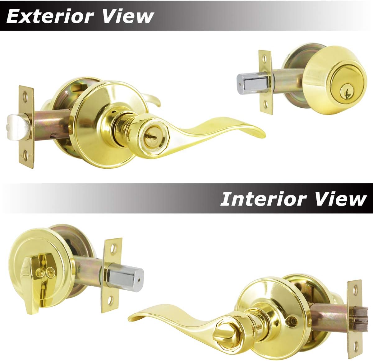 4 Pack Keyed Alike Entry Door Lock Set with Polished Brass Wave Lever Handle - Ideal for Bedroom, Front & Exterior Doors