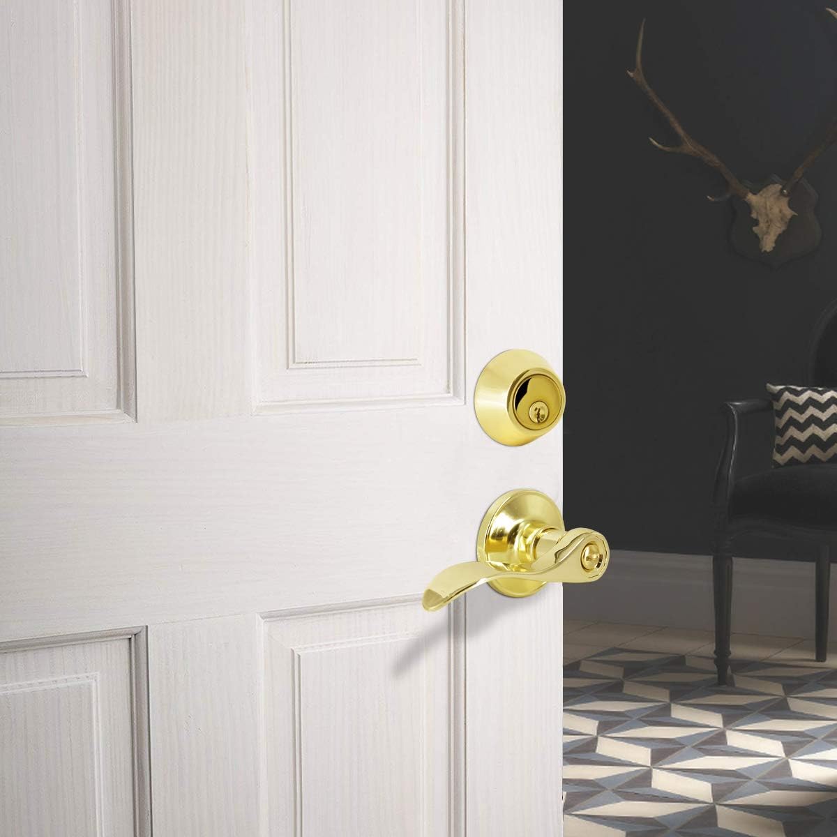 4 Pack Keyed Alike Entry Door Lock Set with Polished Brass Wave Lever Handle - Ideal for Bedroom, Front & Exterior Doors