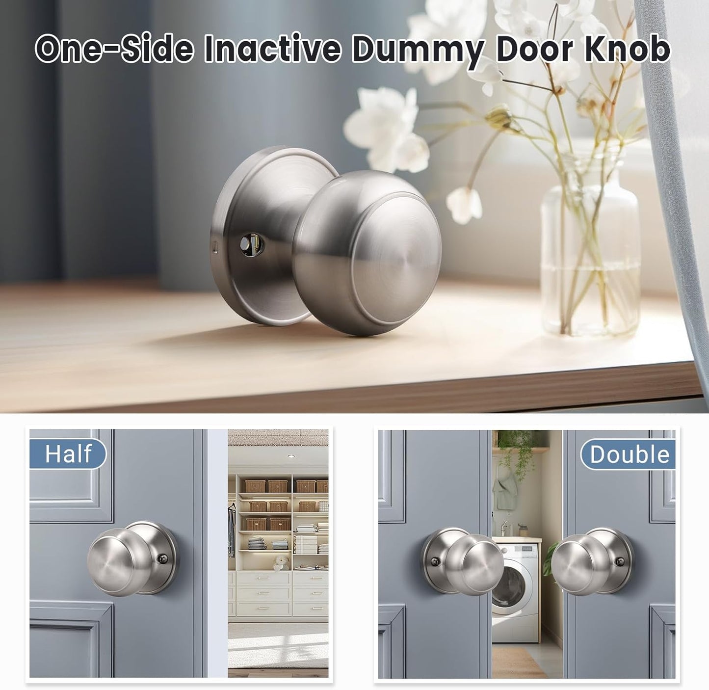 4 Pack KNOBWELL Satin Nickel Keyless Dummy Door Knobs for French Closet Doors - Individual Non-Turning Single Side Knob