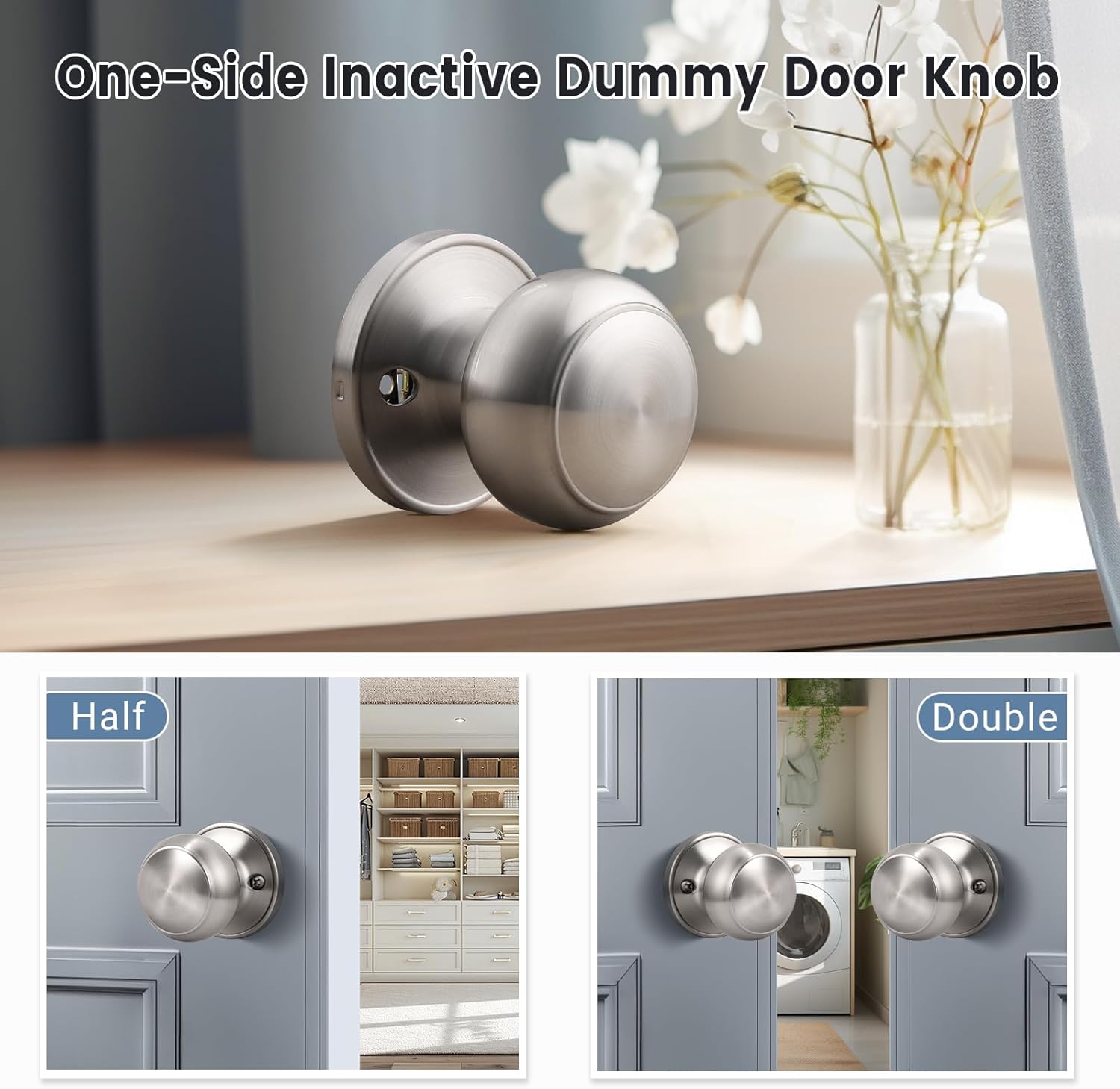 4 Pack KNOBWELL Satin Nickel Keyless Dummy Door Knobs for French Closet Doors - Individual Non-Turning Single Side Knob