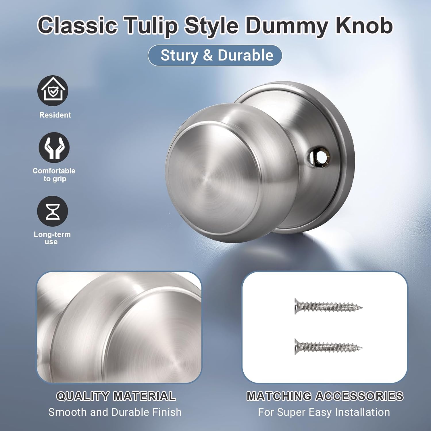4 Pack KNOBWELL Satin Nickel Keyless Dummy Door Knobs for French Closet Doors - Individual Non-Turning Single Side Knob
