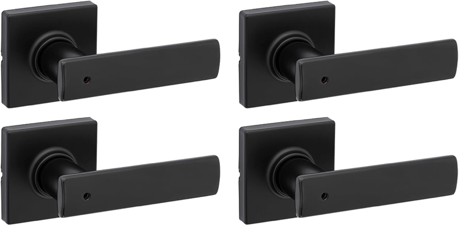4 Pack Kwikset Breton Matte Black Privacy Door Handle Set for Bathroom and Bedroom - Reversible Keyless Lock with Microban Protection