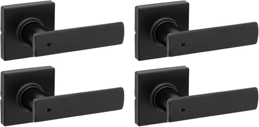 4 Pack Kwikset Breton Matte Black Privacy Door Handle Set for Bathroom and Bedroom - Reversible Keyless Lock with Microban Protection