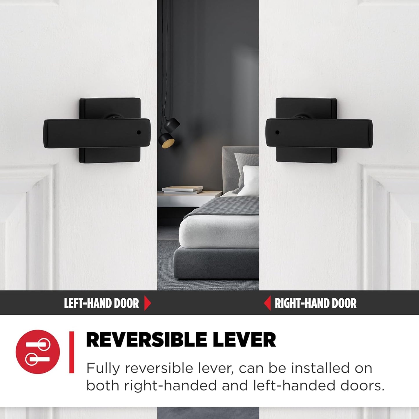 4 Pack Kwikset Breton Matte Black Privacy Door Handle Set for Bathroom and Bedroom - Reversible Keyless Lock with Microban Protection