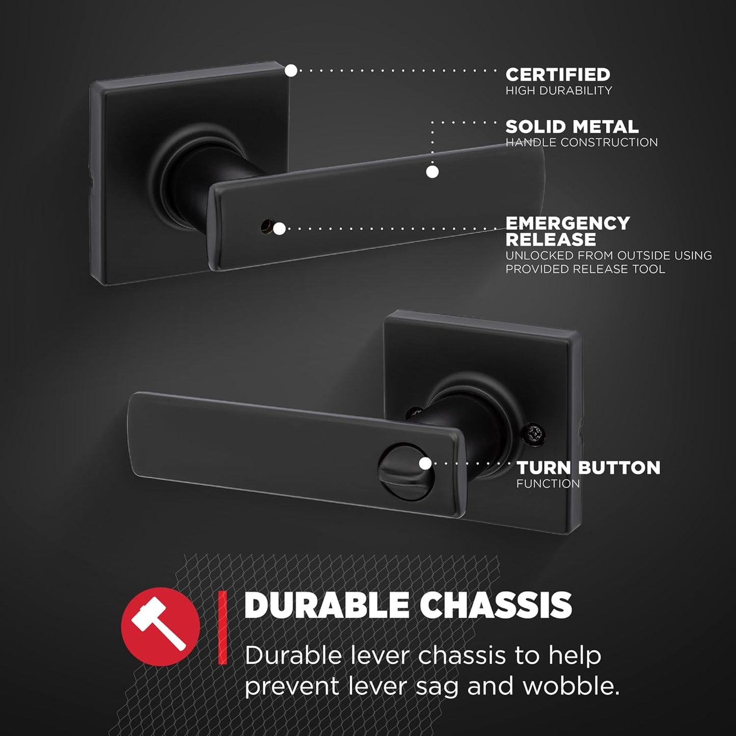 4 Pack Kwikset Breton Matte Black Privacy Door Handle Set for Bathroom and Bedroom - Reversible Keyless Lock with Microban Protection