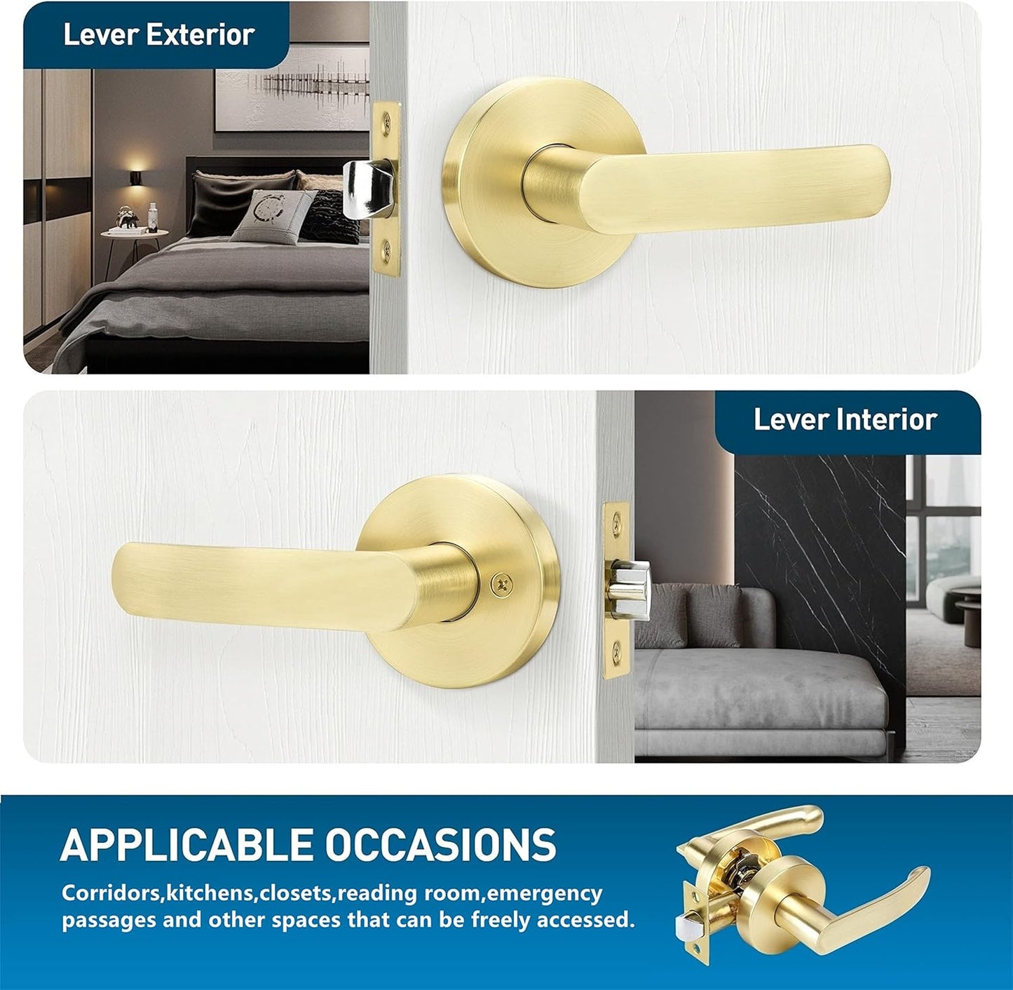 4 Pack Leydebong Non-Locking Passage Door Knobs in Light Gold Finish - Heavy Duty Modern Door Levers for Hallway Closet