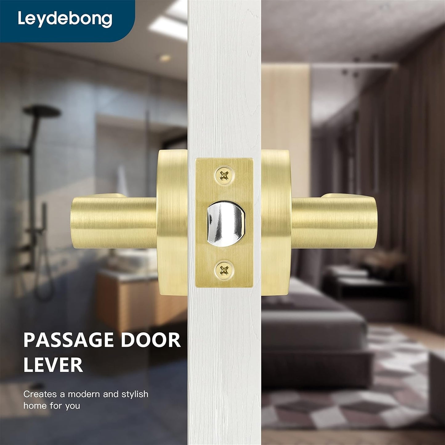 4 Pack Leydebong Non-Locking Passage Door Knobs in Light Gold Finish - Heavy Duty Modern Door Levers for Hallway Closet