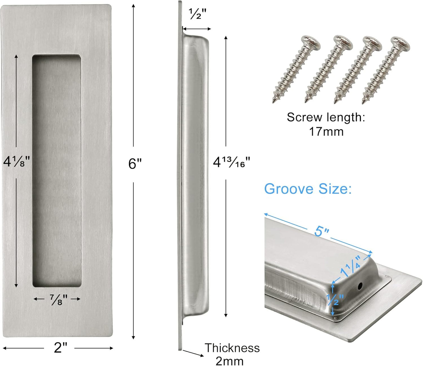 4 Pack, Malimali 6 Inch Brushed Stainless Steel Recessed Finger Flush Pulls for Pocket Door, Barn Door, Closet Sliding Door - Rectangular Door Pulls Hardware - WildKart
