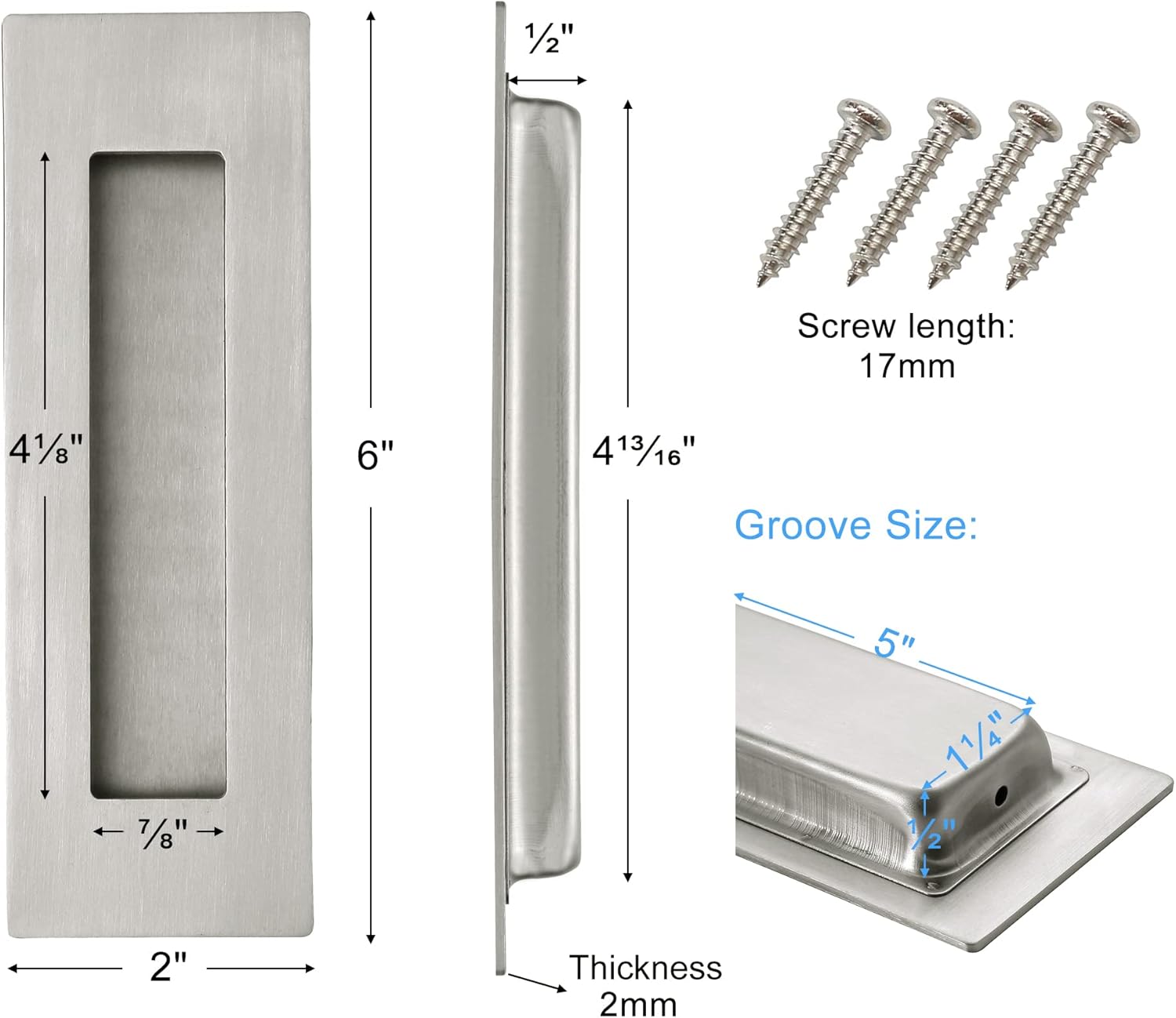 4 Pack, Malimali 6 Inch Brushed Stainless Steel Recessed Finger Flush Pulls for Pocket Door, Barn Door, Closet Sliding Door - Rectangular Door Pulls Hardware - WildKart