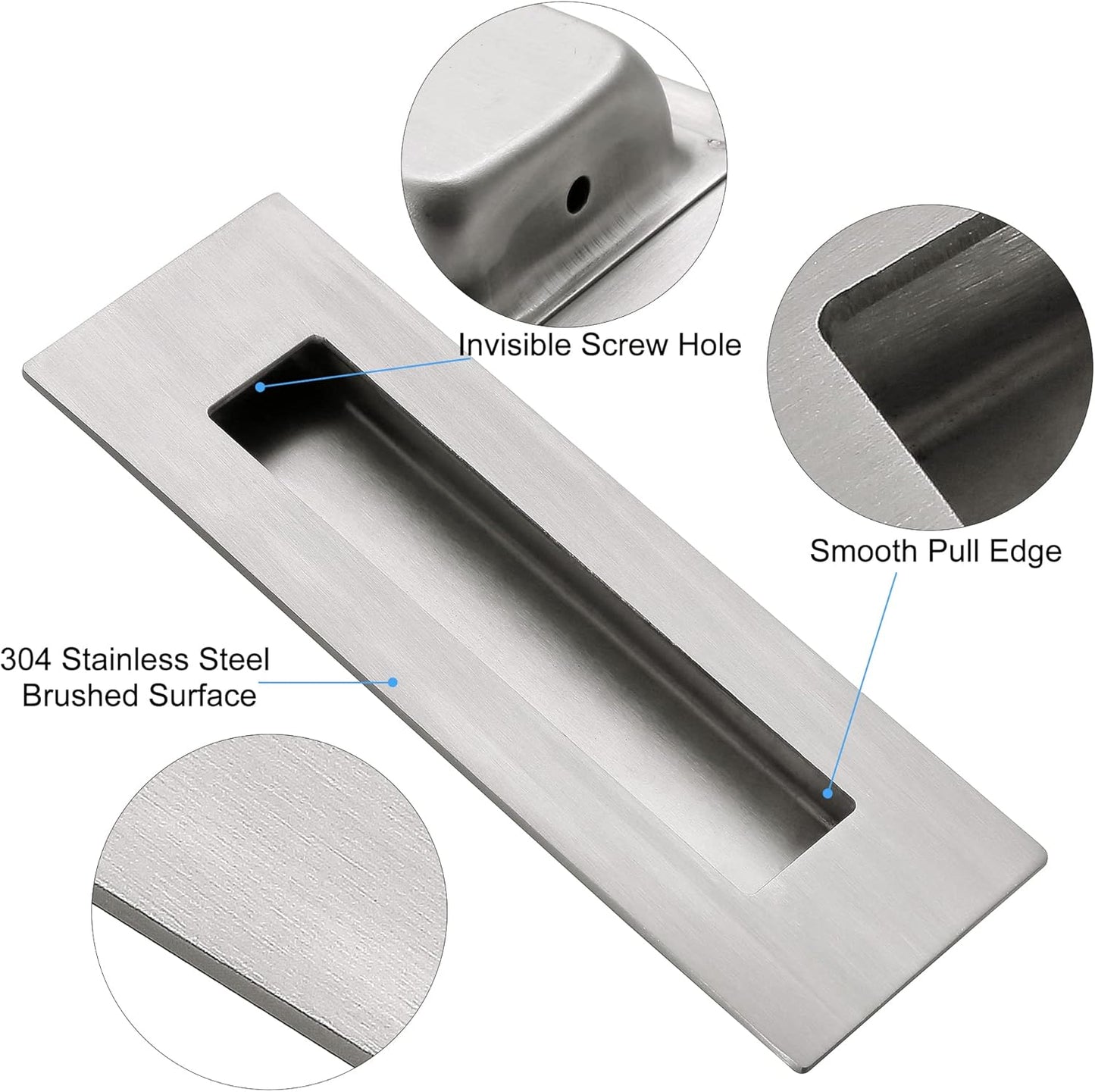 4 Pack, Malimali 6 Inch Brushed Stainless Steel Recessed Finger Flush Pulls for Pocket Door, Barn Door, Closet Sliding Door - Rectangular Door Pulls Hardware - WildKart