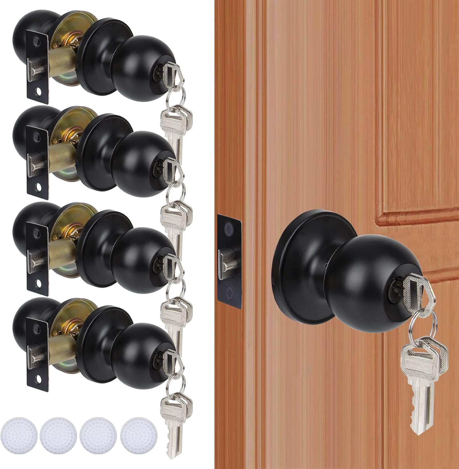 4 Pack Matte Black Keyed Entry Door Knobs for Bedroom and Bathroom - Round Exterior/Interior Door Lock with Keys, Hardwares & Instruction Included by KONIGEEHRE